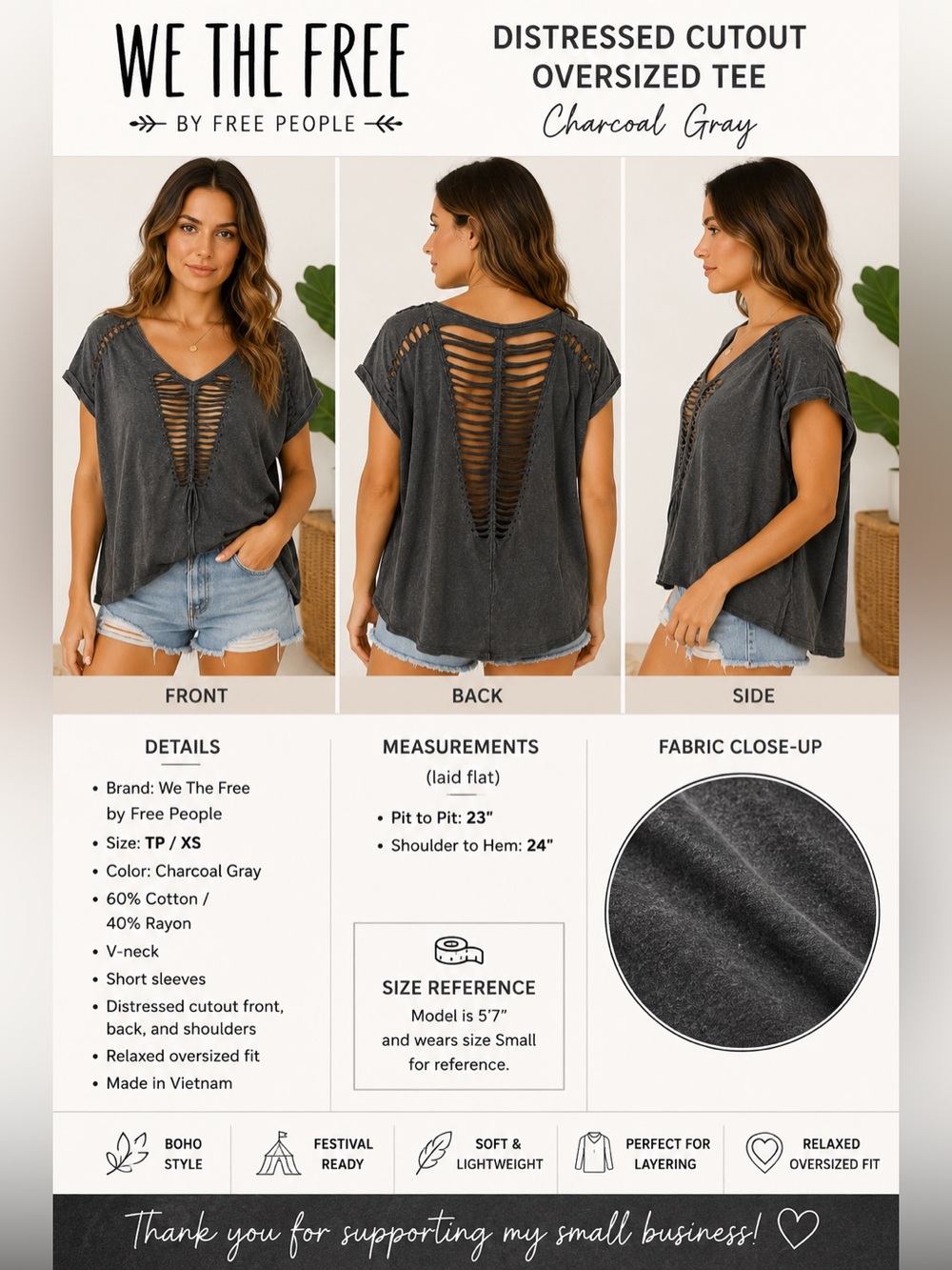 Free People We The Free Distressed Cutout Oversized Tee Charcoal Gray Women's XS
